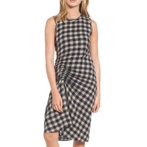 Ruched Checked Wool And Linen-blend Dress In Sand/french Navy